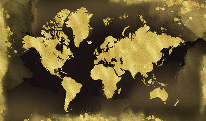 Vintage gold map on black background. Wear texture, grunge, gold patina. Template for cards, wedding invitation, posters, blogs, website