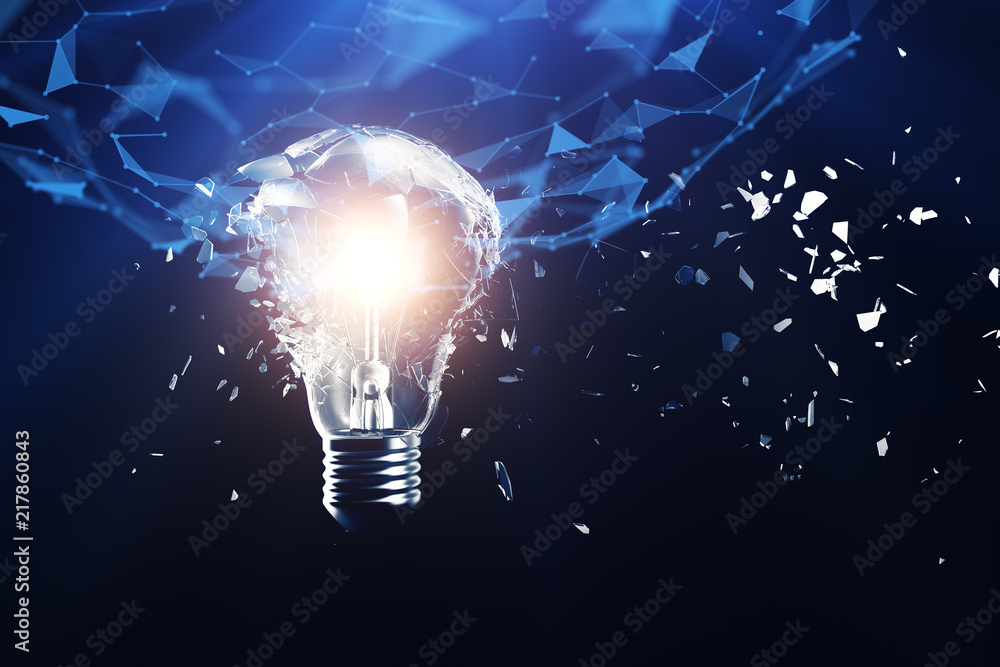 Poster 3d illustration exploding light bulb on a blue background, concept creative thinking and innovative 