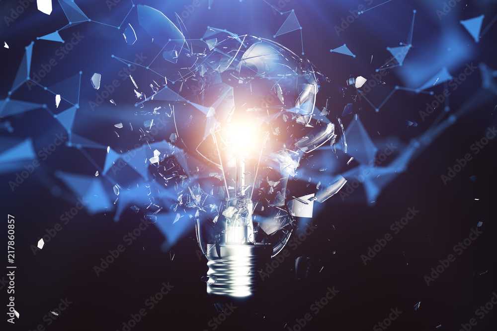 Aufkleber 3d illustration exploding light bulb on a blue background, concept creative thinking and innovative 