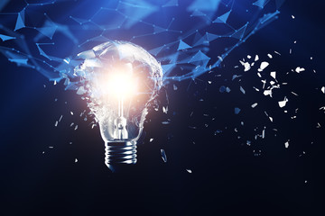 3D illustration exploding light bulb on a blue background, concept creative thinking and innovative solutions. Network connection lines and dots. Innovative idea.