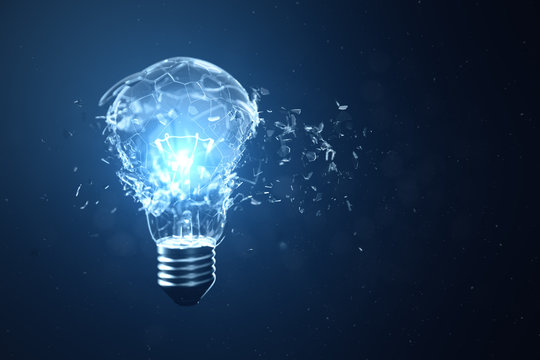 3D illustration Exploding light bulb on a blue background, with concept creative thinking and innovative solutions.