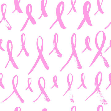 Hand drawn October Breast Cancer Awareness Month seamless pattern isolated on the white background. Brush ink vector illustration for banners, greeting card, poster design.