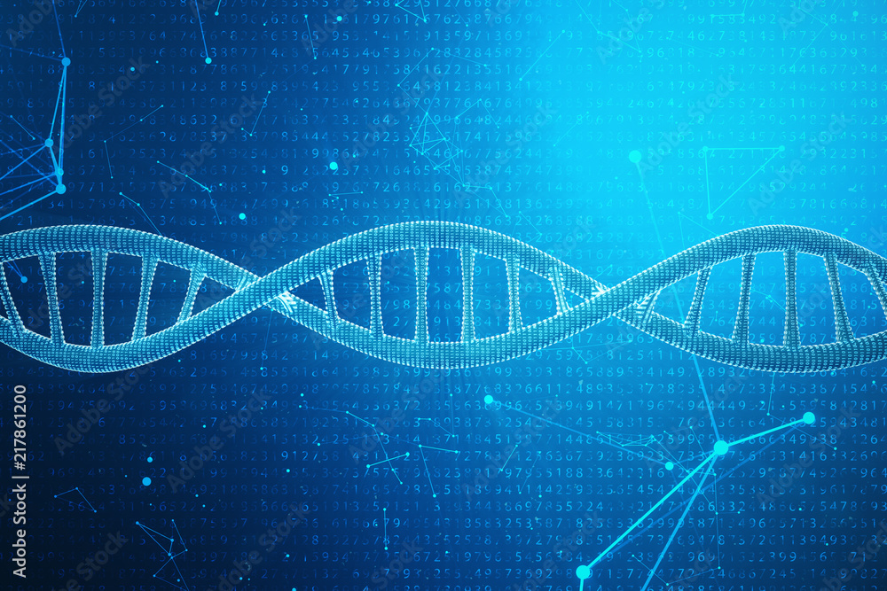 Poster digital dna molecule, structure. concept binary code human genome. dna molecule with modified genes.