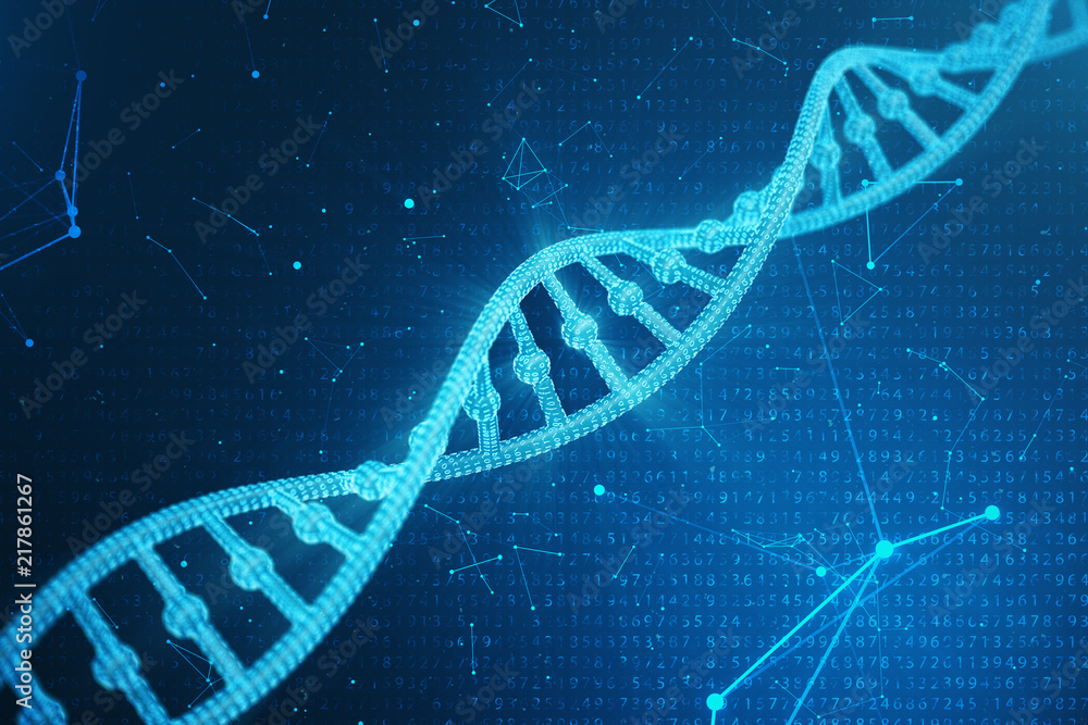 Poster digital dna molecule, structure. concept binary code human genome. dna molecule with modified genes.