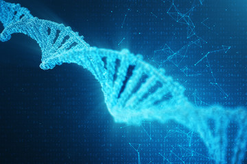 Digital DNA molecule, structure. Concept binary code human genome. DNA molecule with modified genes. 3D illustration