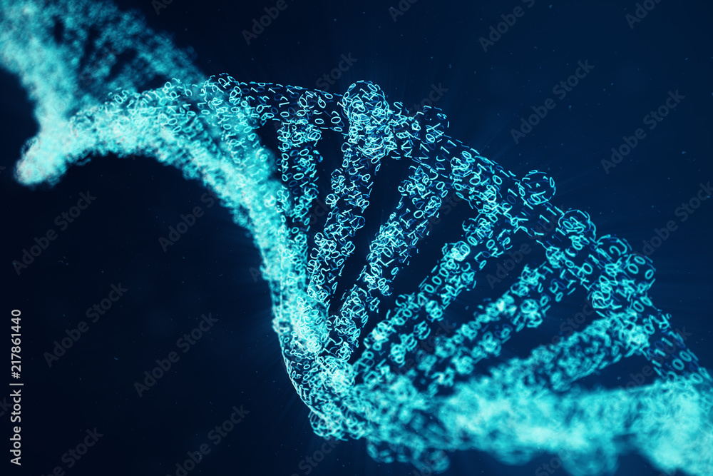 Poster digital dna molecule, structure. concept binary code human genome. dna molecule with modified genes.