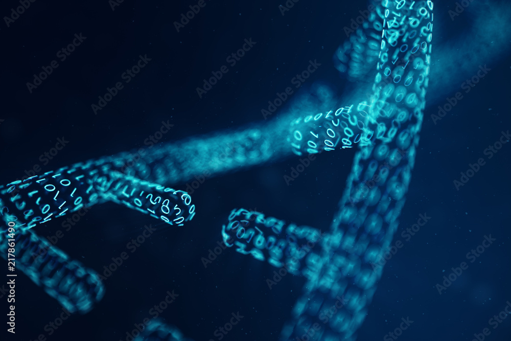 Poster digital dna molecule, structure. concept binary code human genome. dna molecule with modified genes.