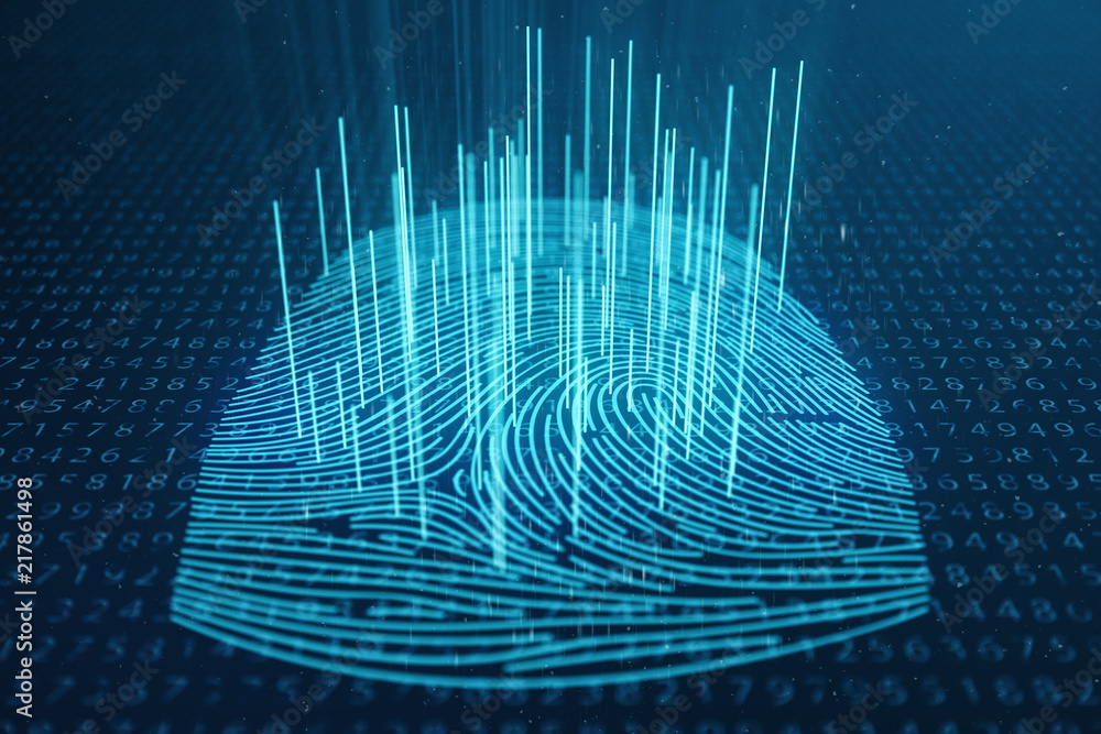 Poster 3d illustration fingerprint scan provides security access with biometrics identification. concept fi