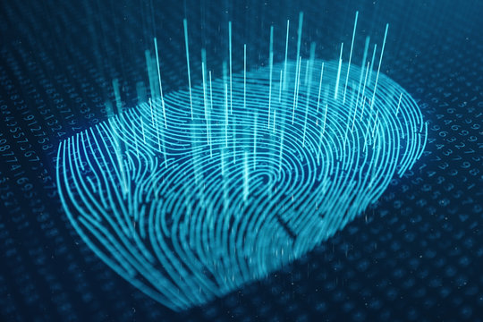 3D illustration Fingerprint scan provides security access with biometrics identification. Concept Fingerprint protection. Finger print with binary code. Concept of digital security