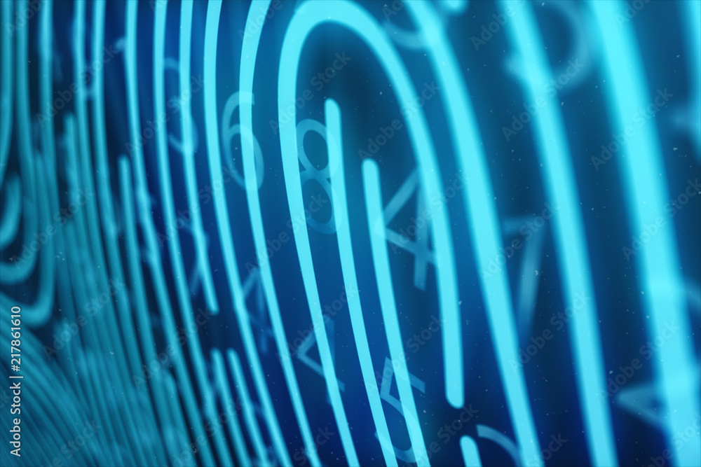 Poster 3d illustration fingerprint scan provides security access with biometrics identification. concept fi