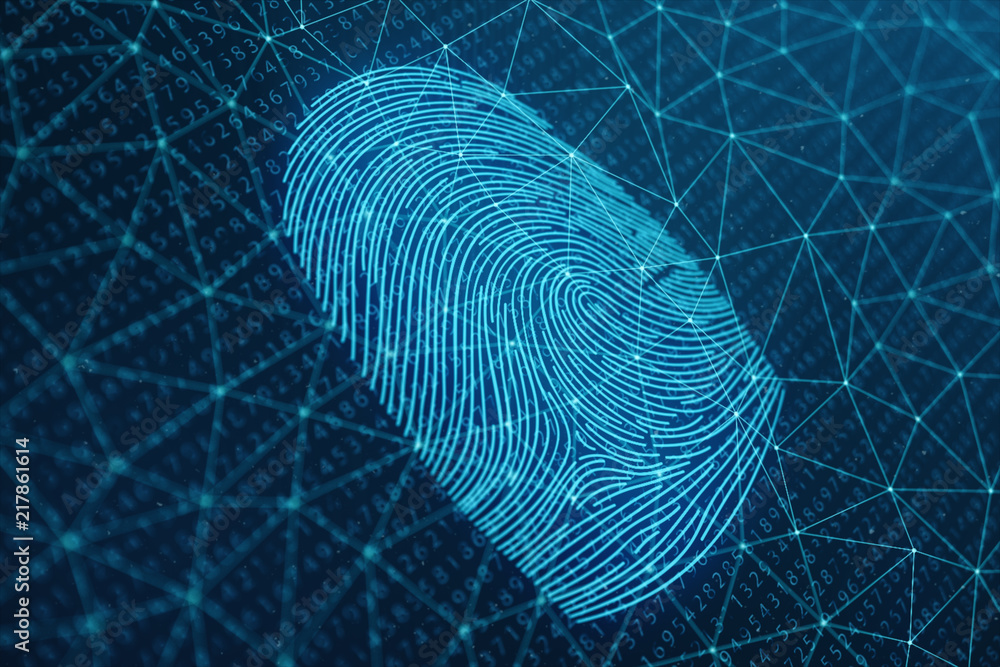 Poster 3d illustration fingerprint scan provides security access with biometrics identification. concept fi