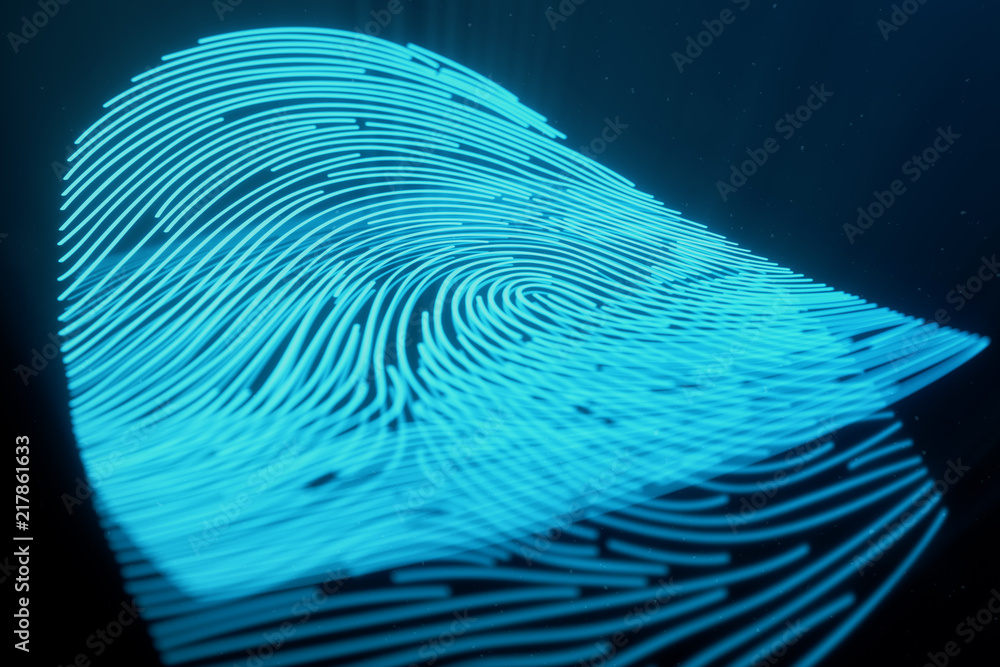 Poster 3d illustration fingerprint scan provides security access with biometrics identification. concept fi