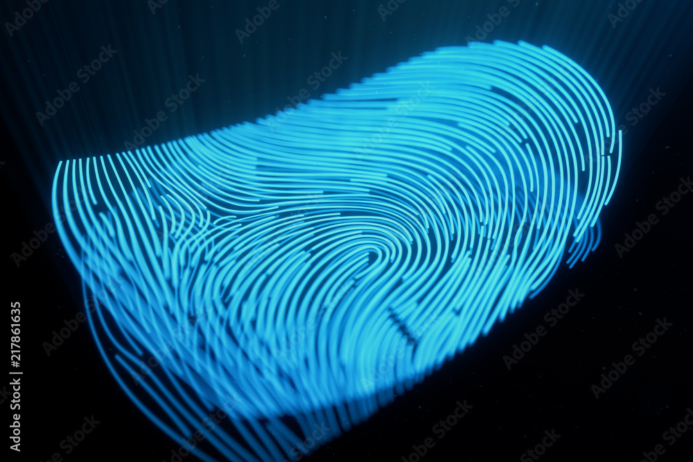 Poster 3d illustration fingerprint scan provides security access with biometrics identification. concept fi