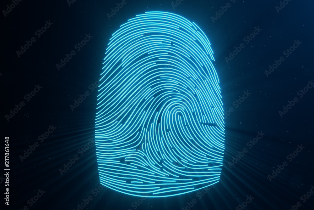 Poster 3d illustration fingerprint scan provides security access with biometrics identification. concept fi