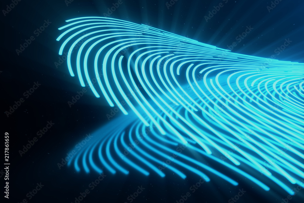 Poster 3d illustration fingerprint scan provides security access with biometrics identification. concept fi
