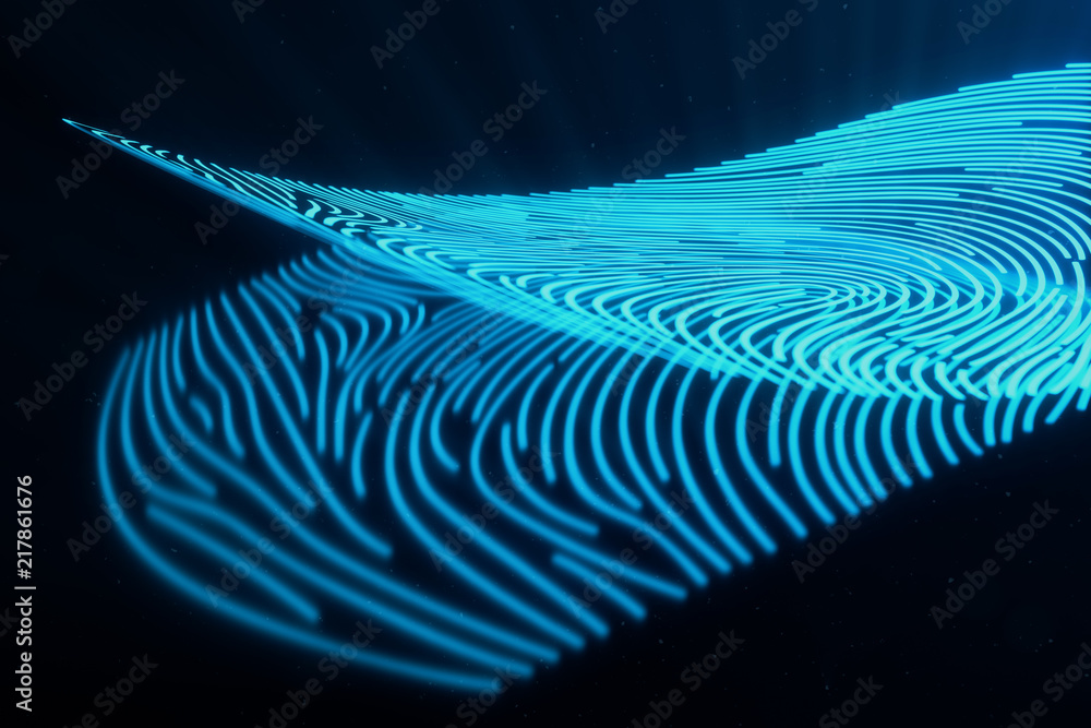 Poster 3d illustration fingerprint scan provides security access with biometrics identification. concept fi