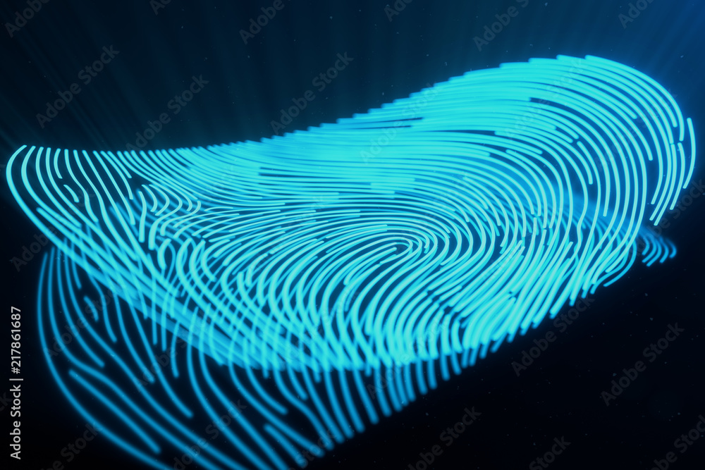 Poster 3d illustration fingerprint scan provides security access with biometrics identification. concept fi