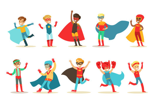 Boys in superhero costume set, cute little super kids vector Illustrations on a white background