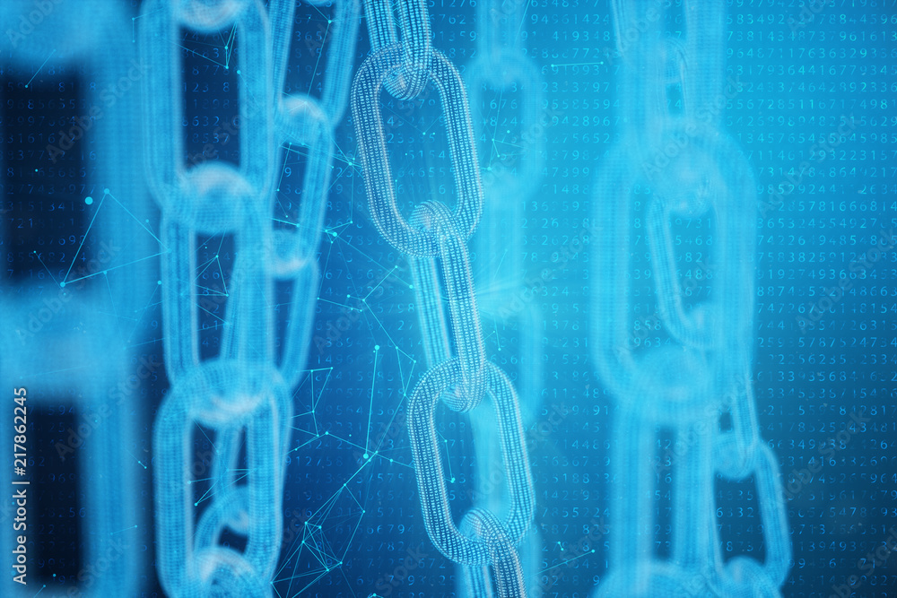 Poster 3d illustration digital block chain code. low polygonal grid of triangles glowing in blue dot networ