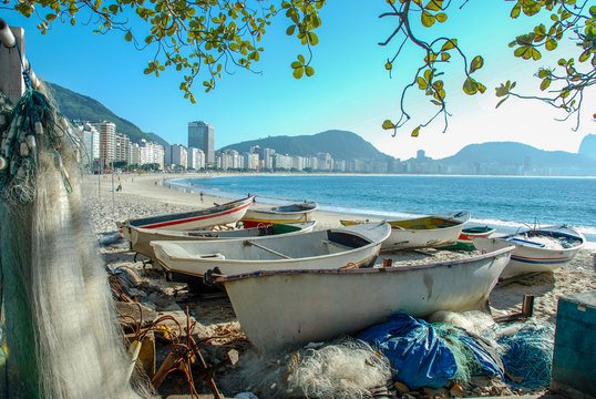 Fishing boat on Copacabana beach Rio de Janeiro