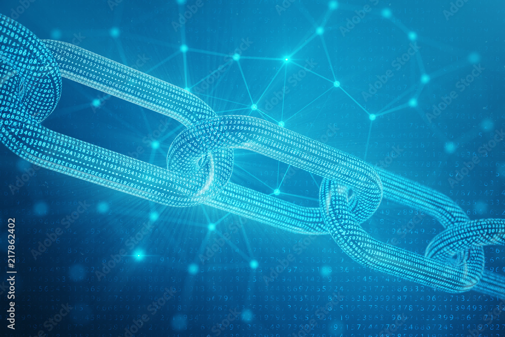 Poster 3d illustration digital block chain code. low polygonal grid of triangles glowing in blue dot networ