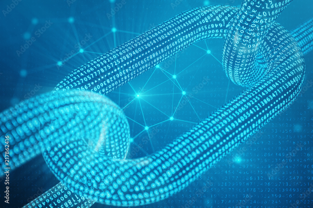 Poster 3d illustration digital block chain code. low polygonal grid of triangles glowing in blue dot networ