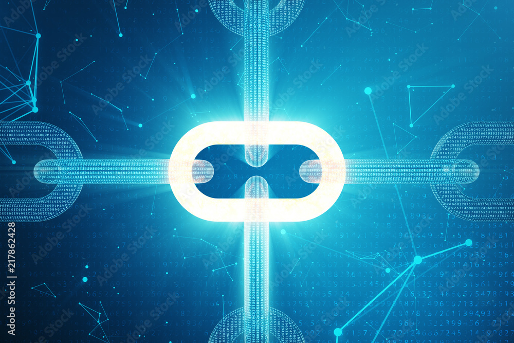 Poster 3d illustration digital block chain code. low polygonal grid of triangles glowing in blue dot networ