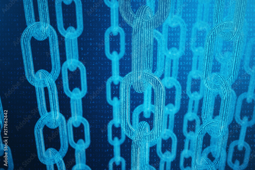 Poster 3d illustration digital block chain code. low polygonal grid of triangles glowing in blue dot networ