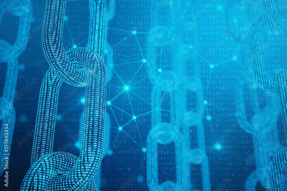 Poster 3d illustration digital block chain code. low polygonal grid of triangles glowing in blue dot networ