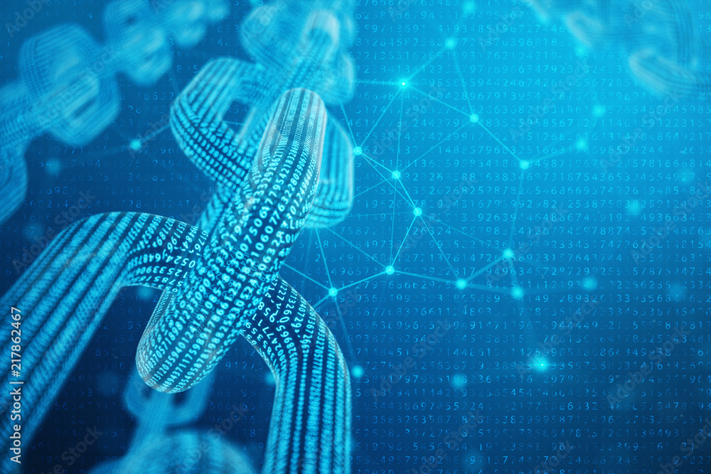 Poster 3d illustration digital block chain code. low polygonal grid of triangles glowing in blue dot networ