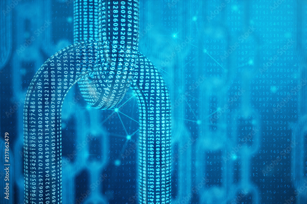 Poster 3d illustration digital block chain code. low polygonal grid of triangles glowing in blue dot networ