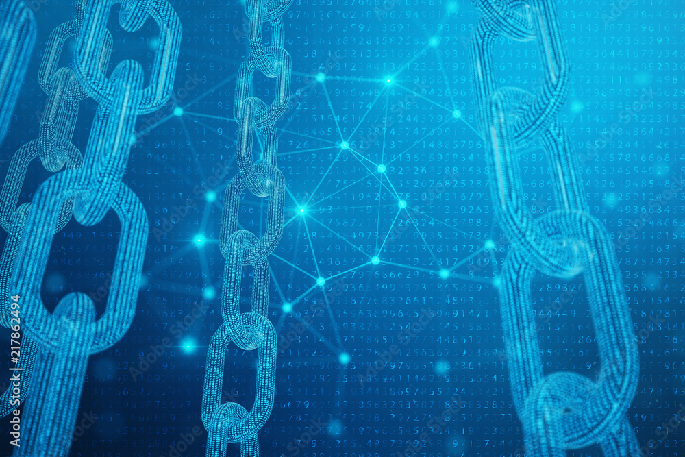 Poster 3d illustration digital block chain code. low polygonal grid of triangles glowing in blue dot networ