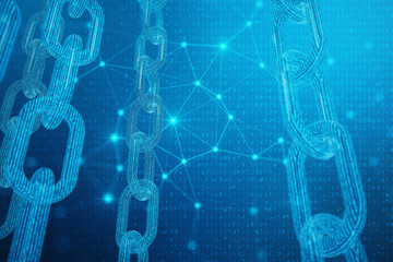 3D illustration digital block chain code. Low polygonal grid of triangles glowing in blue dot network, abstract background. Concept of Network, internet communication
