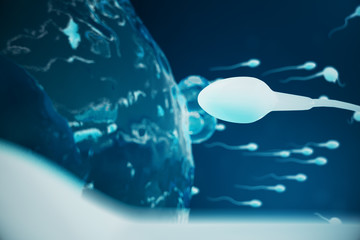 Sperm and egg cell, ovum. Native and natural fertilization - close-up view. Conception the beginning of a new life. Medical concept 3D illustration