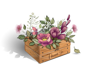 Wooden box with a bouquet of beautiful flowers. isolated on white background. vector illustration