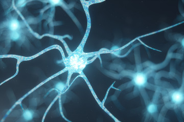 Conceptual illustration of neuron cells with glowing link knots. Synapse and neuron cells sending electrical chemical signals. Neuron of Interconnected neurons with electrical pulses, 3D illustration