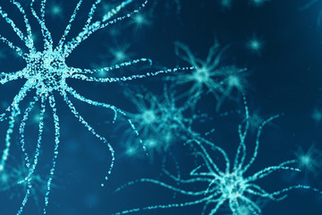 Conceptual illustration of neuron cells with glowing link knots. Synapse and neuron cells sending electrical chemical signals. Neuron of Interconnected neurons with electrical pulses, 3D illustration