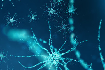 Fototapeta premium Conceptual illustration of neuron cells with glowing link knots. Synapse and neuron cells sending electrical chemical signals. Neuron of Interconnected neurons with electrical pulses, 3D illustration