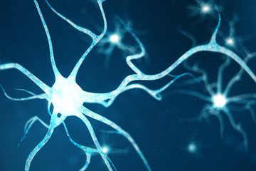 Conceptual illustration of neuron cells with glowing link knots. Neurons in brain on with focus effect. Synapse and Neuron cells sending electrical chemical signals. 3d illustration