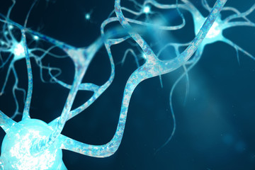 Conceptual illustration of neuron cells with glowing link knots. Neurons in brain on with focus effect. Synapse and Neuron cells sending electrical chemical signals. 3d illustration