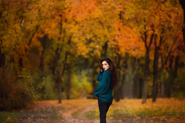 Happy young woman in park on sunny autumn day. Cheerful beautiful girl in green sweater outdoors among yellow leaves on beautiful fall day.