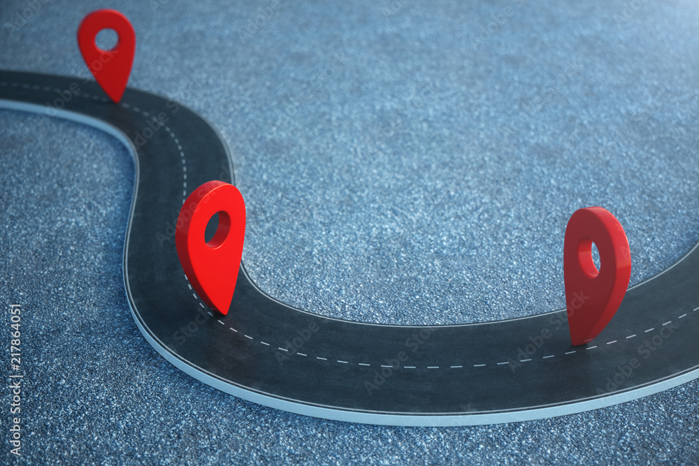 Poster road way location infographic with pin pointers. road way with red pointers. 3d illustration