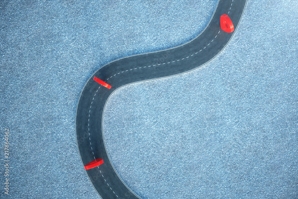 Poster road way location infographic with pin pointers. road way with red pointers. 3d illustration