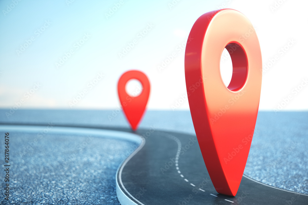 Poster road way location infographic with pin pointers. road way with red pointers. road way on cloudy blue