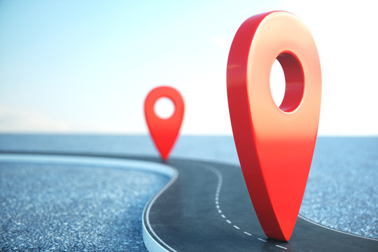 Road way location Infographic with pin pointers. Road way with red pointers. Road way on cloudy blue sky background. 3D illustration