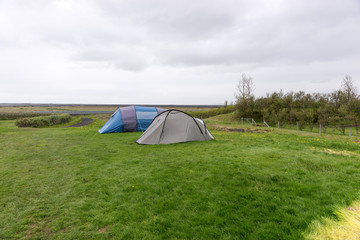 Tents on the meadow. Travel concept. Travel to Iceland