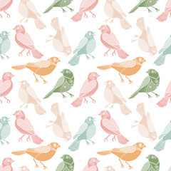 Obraz premium Pastel birds seamless pattern in watercolor flat style