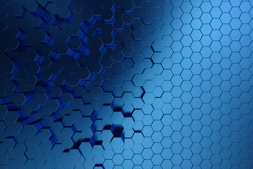 3D illustration abstract dark blue of futuristic surface hexagon pattern. Blue geometric hexagonal abstract background.