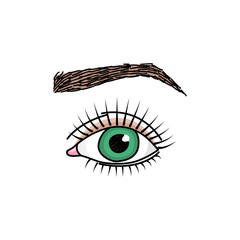 Doodle illustration with green eye with long lashes and brow