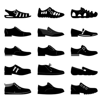 Black footwear icon set. Boots, sniekers signs, shoes icons silhouettes isolated on white background